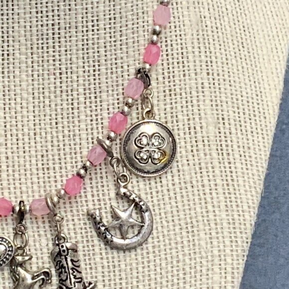 Western Bracelet Choker Necklace 14 In As Is Pink 7 Charms Cross Horse Boot BoHo - Picture 4 of 7